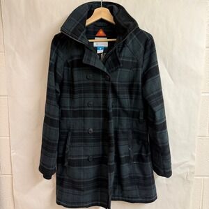 Columbia Womens Plaid Double Breasted Wool Blend Jacket Coat Hooded Omni Heat S